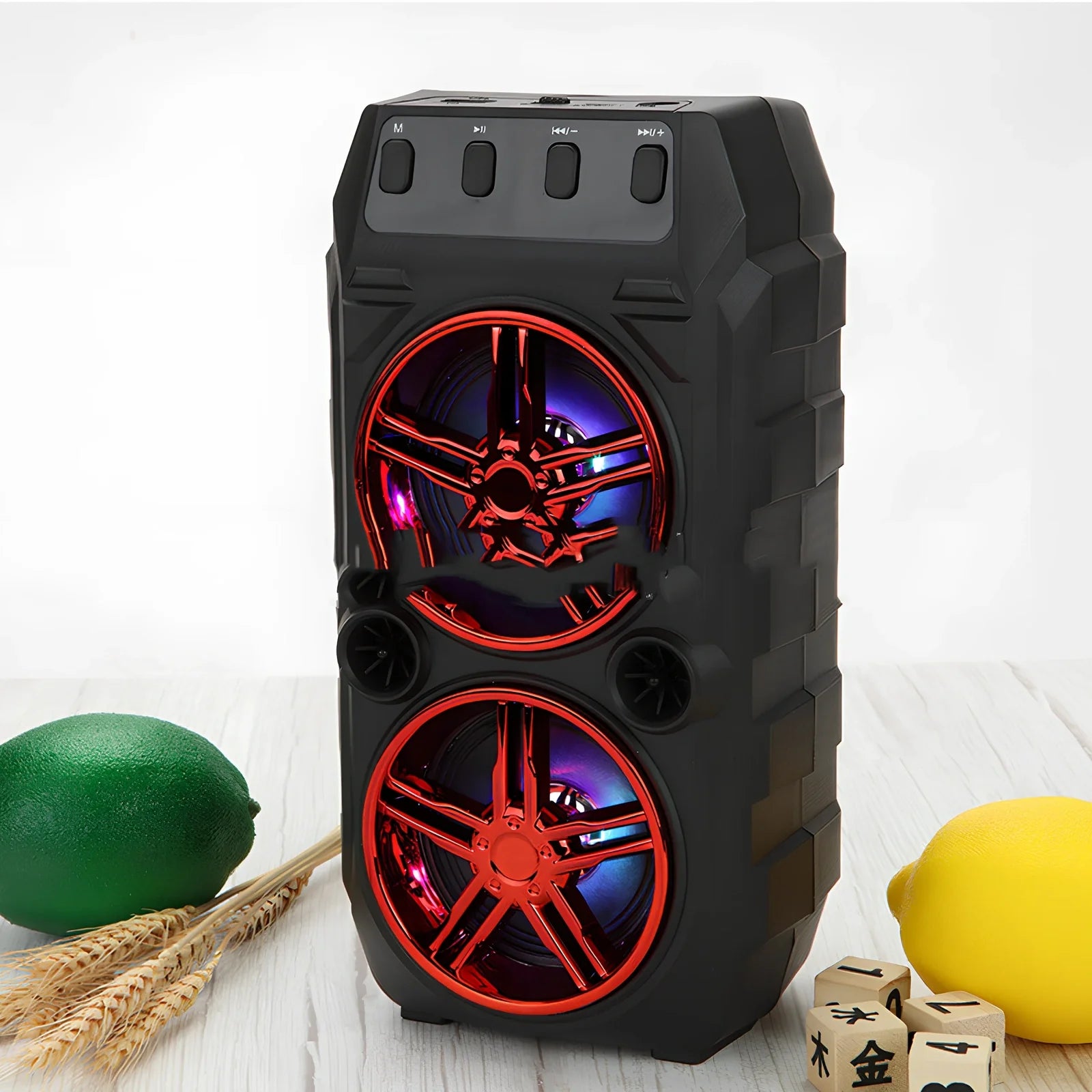 Portable blue wireless Bluetooth speaker with dual 3-inch drivers, 1200mA battery, TF card slot, up to 10m range and microphone input