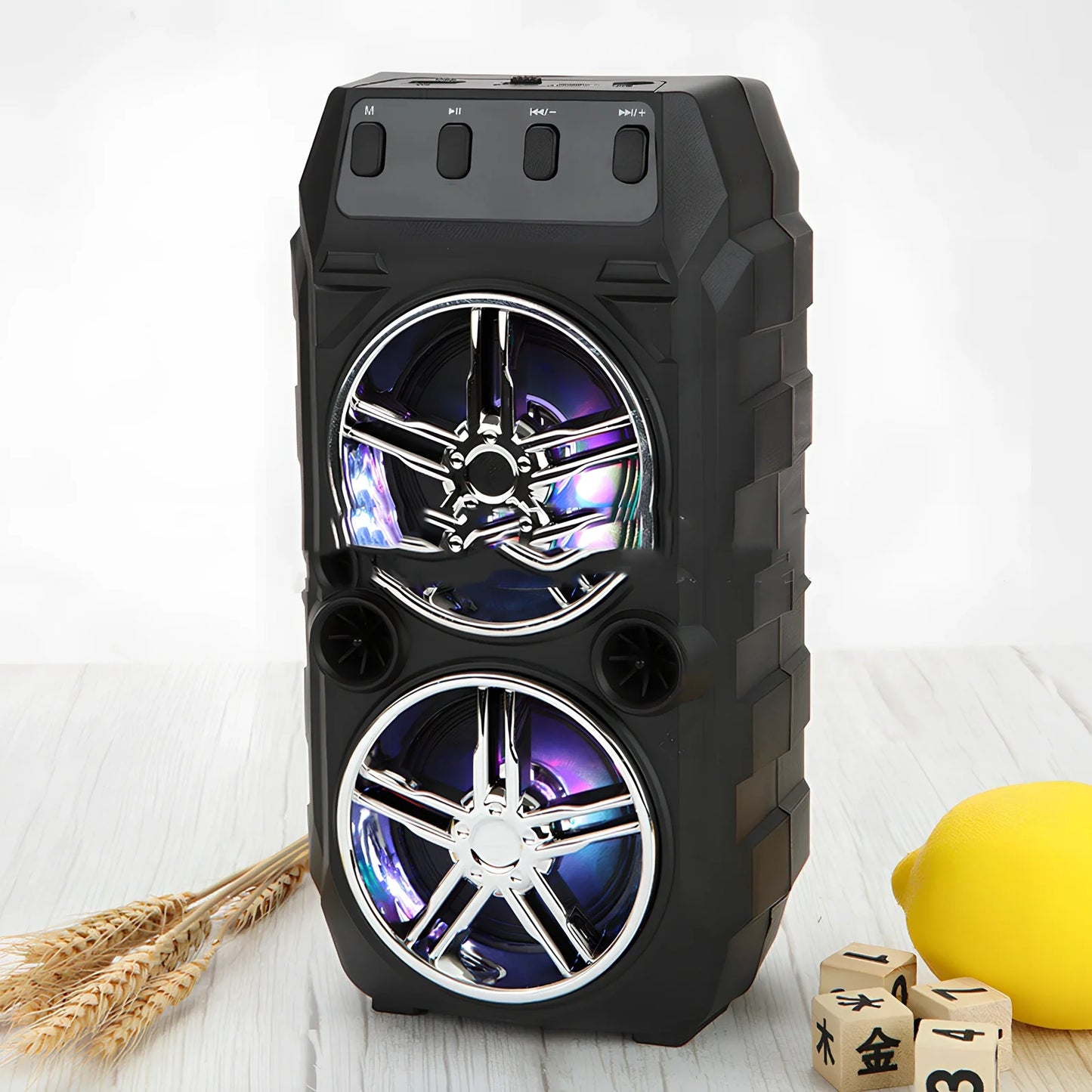 Portable blue wireless Bluetooth speaker with dual 3-inch drivers, 1200mA battery, TF card slot, up to 10m range and microphone input