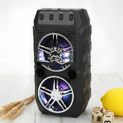 Portable blue wireless Bluetooth speaker with dual 3-inch drivers, 1200mA battery, TF card slot, up to 10m range and microphone input