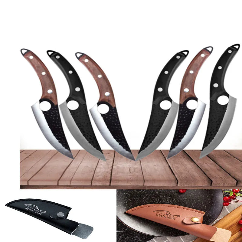 Butcher knife set with small scimitar skinning boning knife and leather sheath