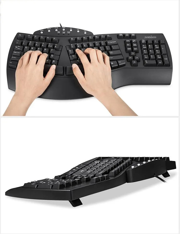 Perixx Periboard-512 white and black ergonomic split keyboard with USB cable.
