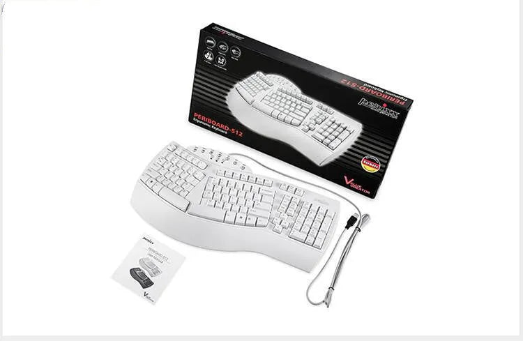 Perixx Periboard-512 white and black ergonomic split keyboard with USB cable.