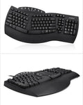 Perixx Periboard-512 white and black ergonomic split keyboard with USB cable.