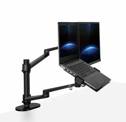 Aluminium multifunction desk laptop stand in black with column bar and full-motion joints