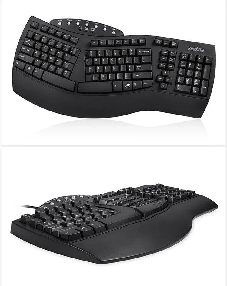 Perixx Periboard-512 white and black ergonomic split keyboard with USB cable.