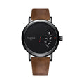 Men's silver metal case watch with black dial showing pointer and number display on a 2cm wide strap.