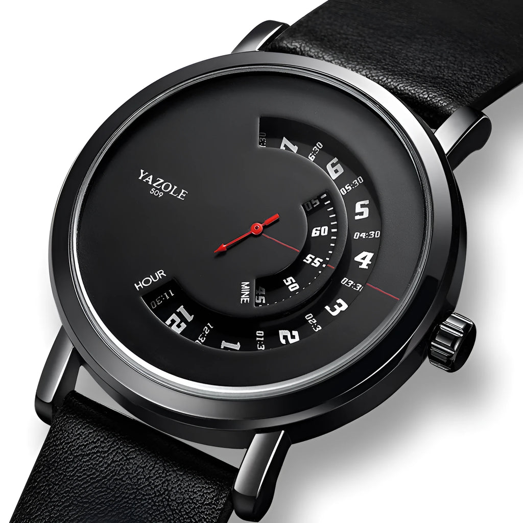 Men's silver metal case watch with black dial showing pointer and number display on a 2cm wide strap.