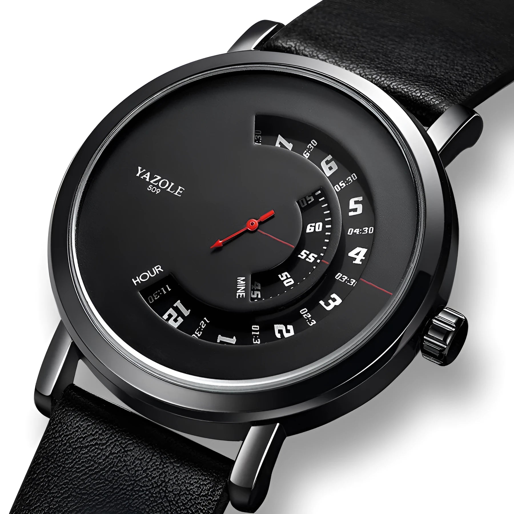 Men's silver metal case watch with black dial showing pointer and number display on a 2cm wide strap.