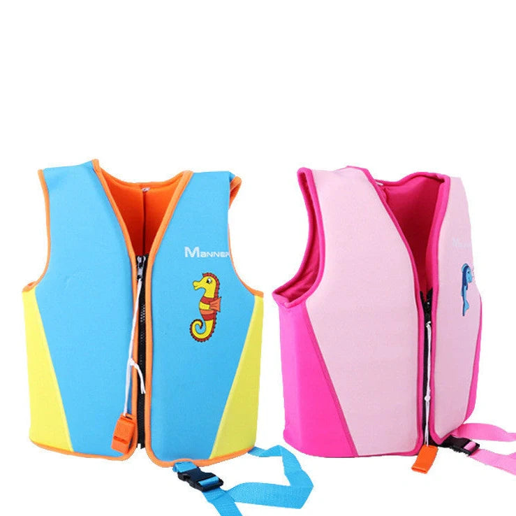 Children's buoyancy suit with neoprene construction and EPE pearl cotton filling for water safety in pools and beaches, available in S/M/L sizes with blue or pink colour options