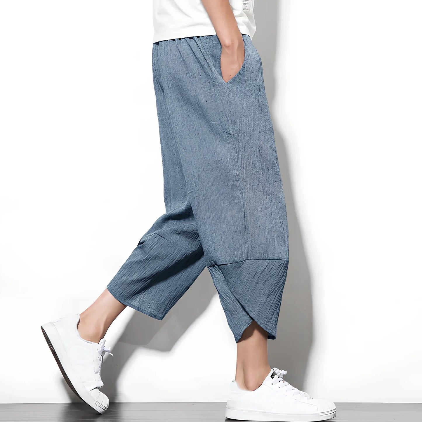 Youth linen blend cropped wide leg pants in black, blue, grey or light grey, loose mid-waist fit for summer