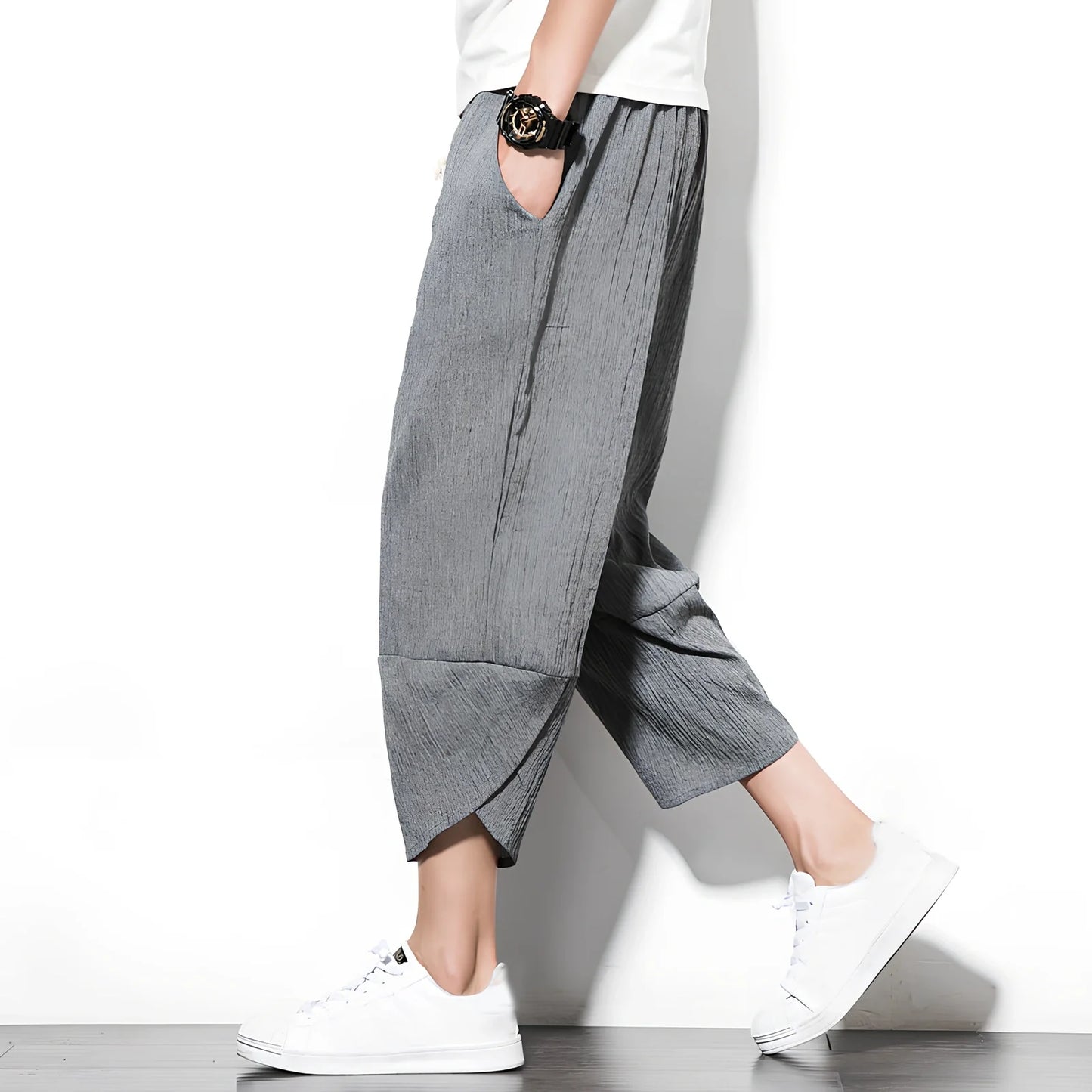 Youth linen blend cropped wide leg pants in black, blue, grey or light grey, loose mid-waist fit for summer