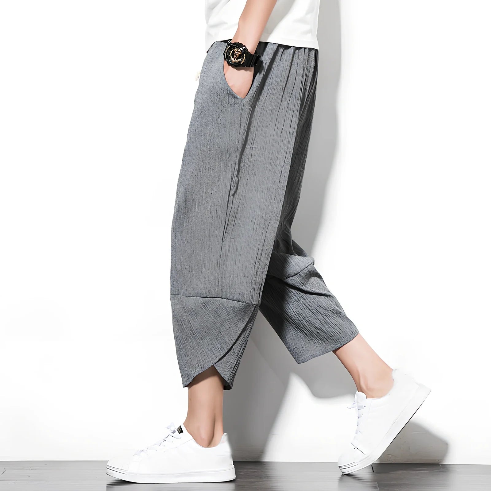 Youth linen blend cropped wide leg pants in black, blue, grey or light grey, loose mid-waist fit for summer