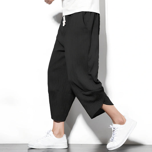 Youth linen blend cropped wide leg pants in black, blue, grey or light grey, loose mid-waist fit for summer