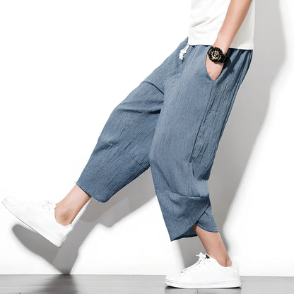 Youth linen blend cropped wide leg pants in black, blue, grey or light grey, loose mid-waist fit for summer