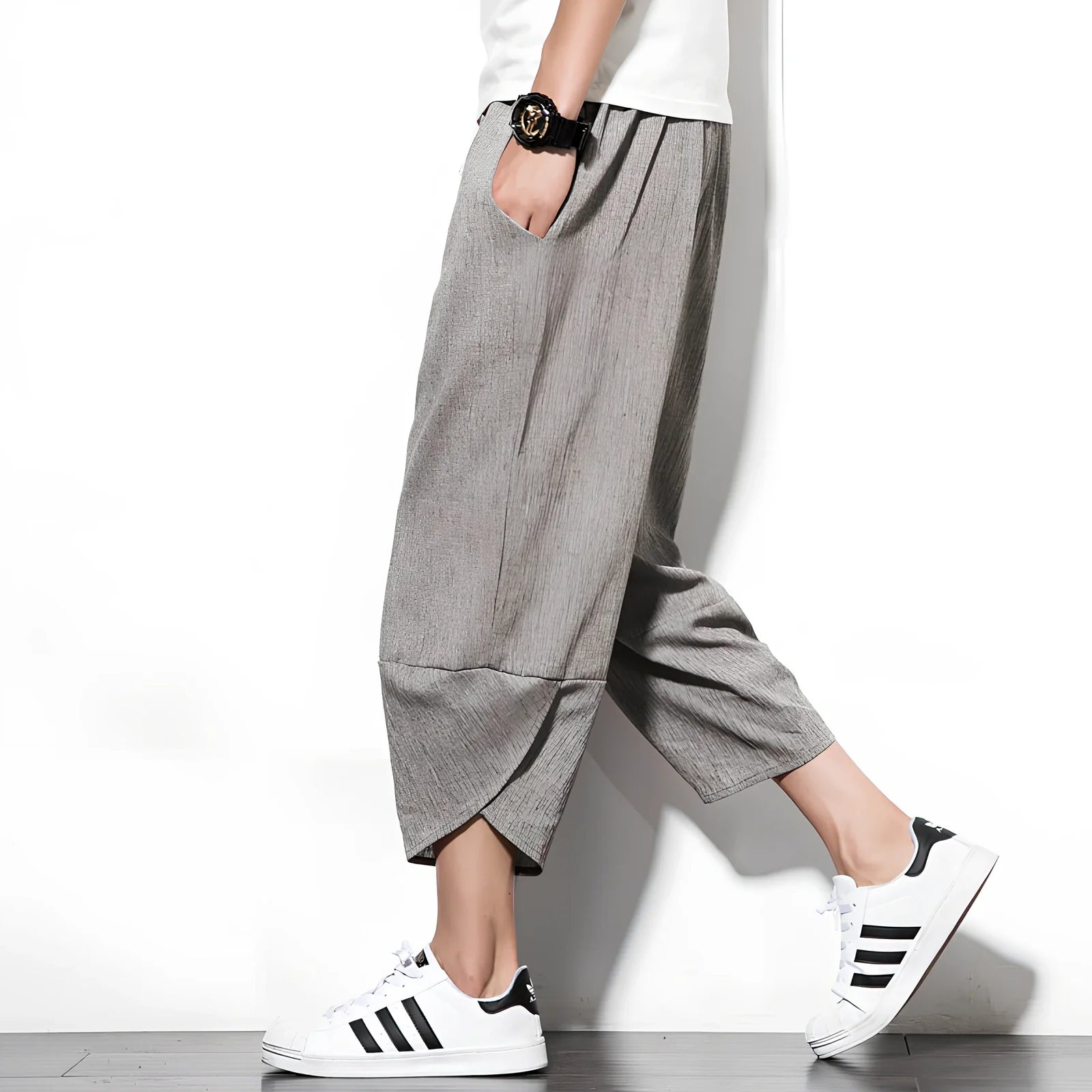 Youth linen blend cropped wide leg pants in black, blue, grey or light grey, loose mid-waist fit for summer