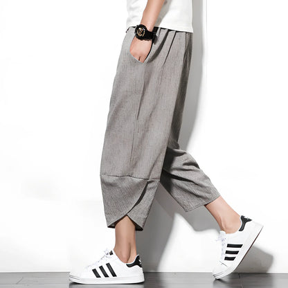 Youth linen blend cropped wide leg pants in black, blue, grey or light grey, loose mid-waist fit for summer