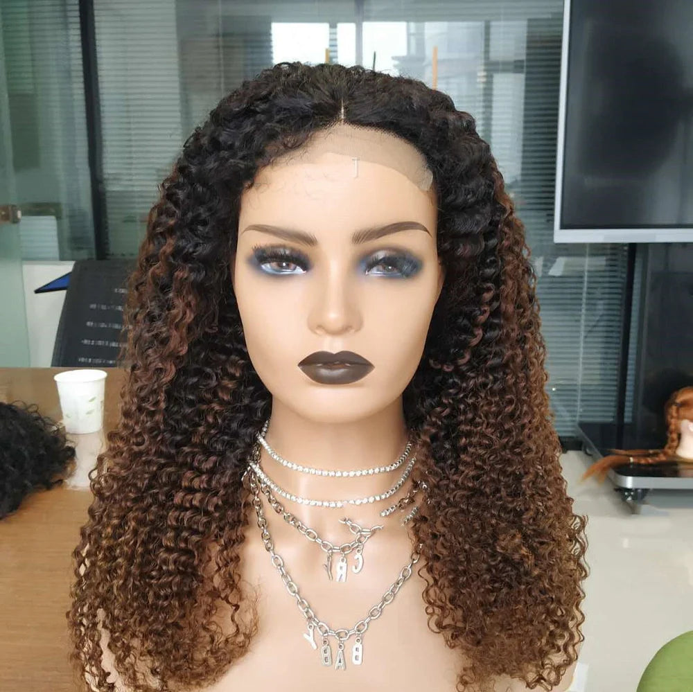 30-inch ombre kinky curly human hair wig with 4x4 lace front showing natural hairline