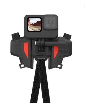 GoPro motorcycle helmet chin strap mount with black silicone strap and stainless steel buckle