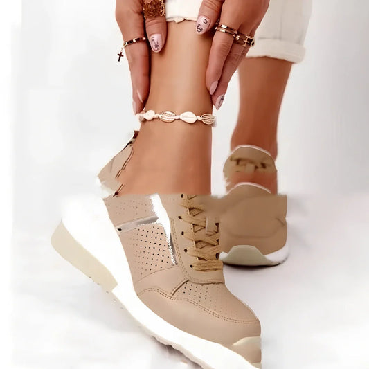 Women's round toe running shoes in beige with low 1-3 cm heel, non-slip rubber sole, sizes 35-43, 430g weight