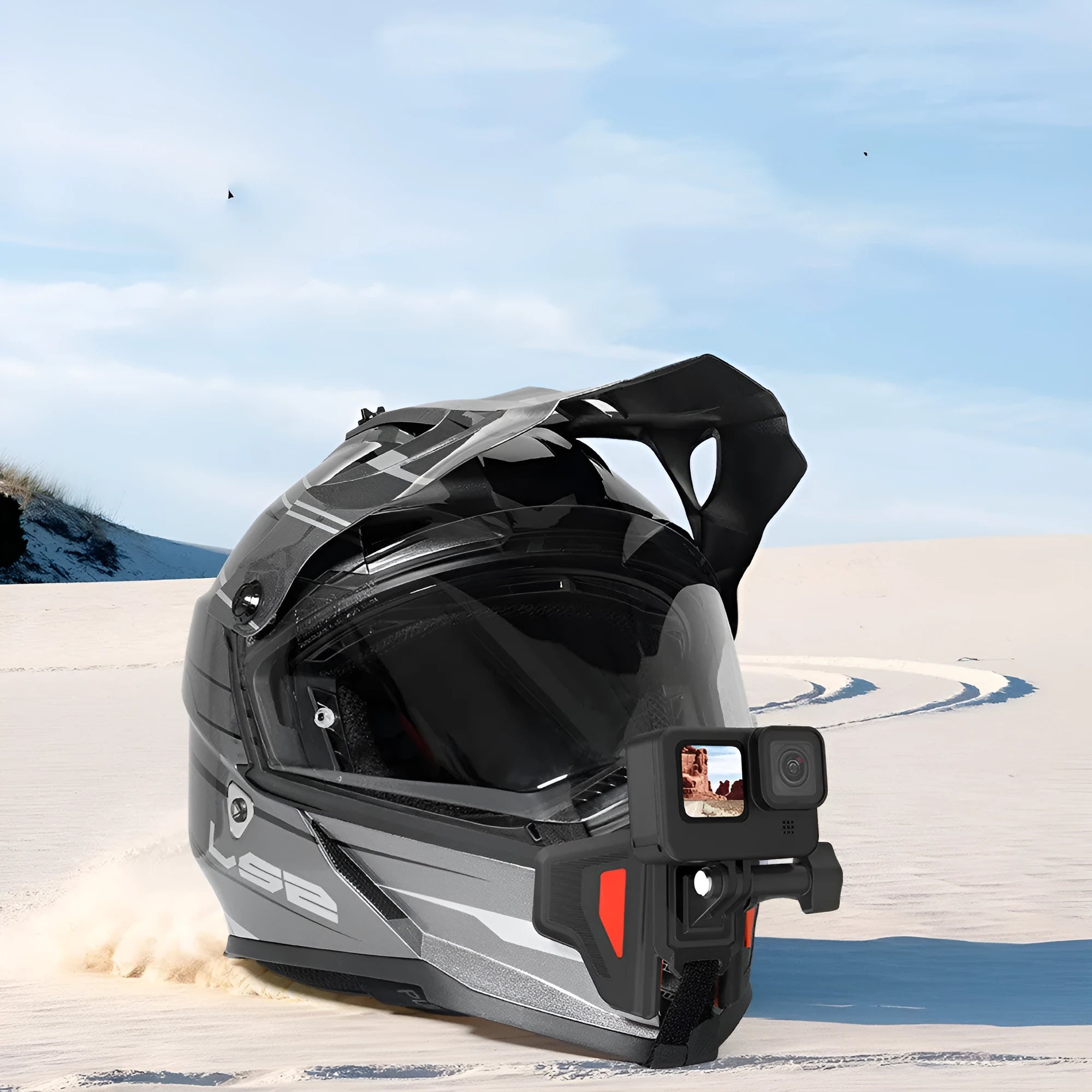 GoPro motorcycle helmet chin strap mount with black silicone strap and stainless steel buckle