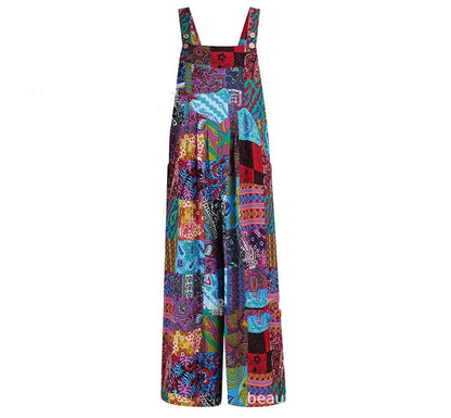 Patchwork Printed Button Suspender Jumpsuit in cotton blend fabric
