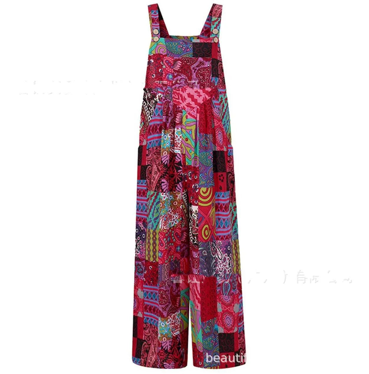 Patchwork Printed Button Suspender Jumpsuit in cotton blend fabric