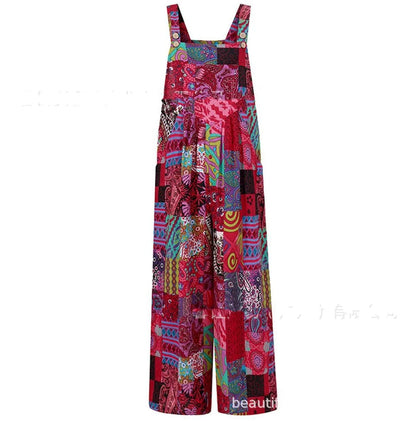 Patchwork Printed Button Suspender Jumpsuit in cotton blend fabric