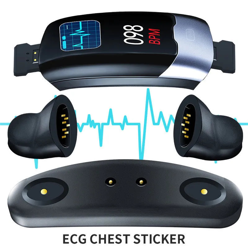 Black Bluetooth smart bracelet with digital display showing heart rate on a wrist.