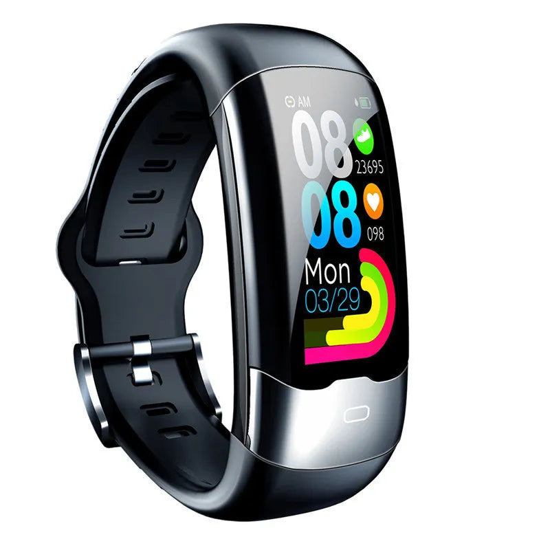 Black Bluetooth smart bracelet with digital display showing heart rate on a wrist.