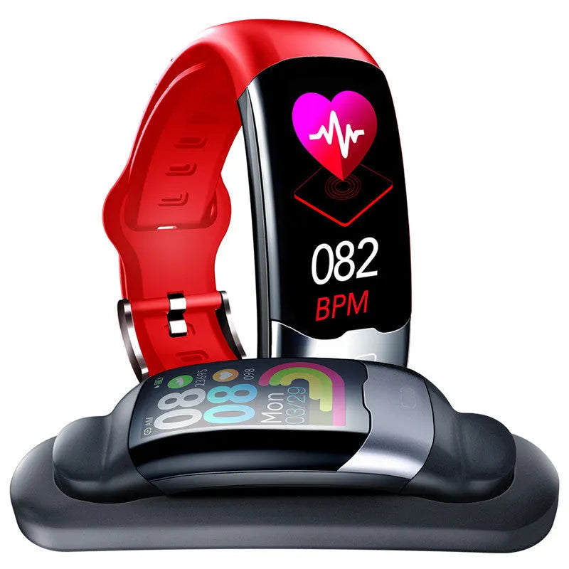 Black Bluetooth smart bracelet with digital display showing heart rate on a wrist.
