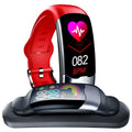 Black Bluetooth smart bracelet with digital display showing heart rate on a wrist.