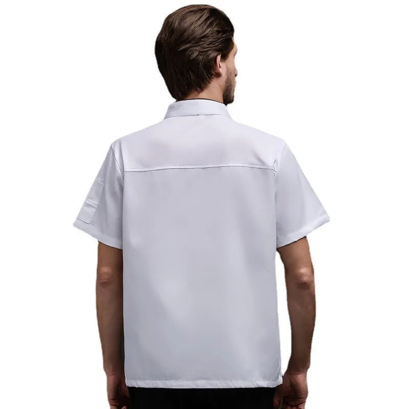 Short-sleeve cotton blended work clothes in white, size M, with anti-oil property for hotel chef uniform
