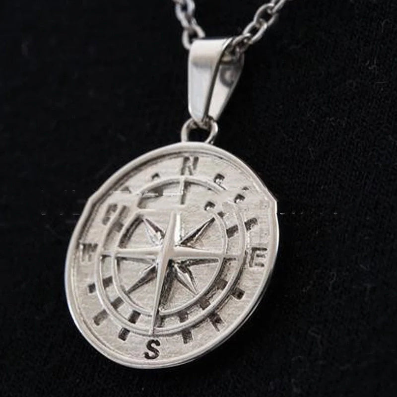 Stainless steel compass pendant necklace with 53cm chain
