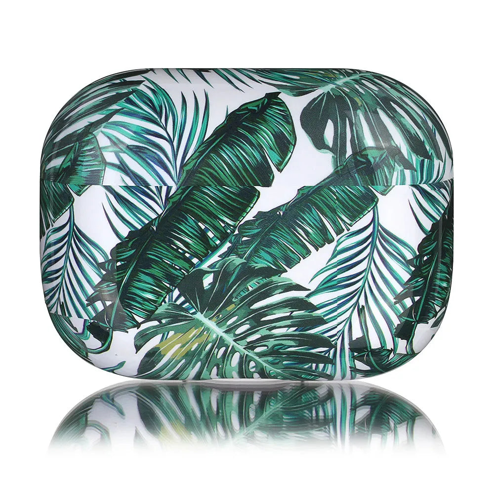 Blue and green TPU AirPods cases featuring a painted tropical banana leaf design.