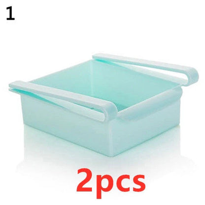 Stretchable refrigerator storage basket in white, blue, pink, and apricot colours