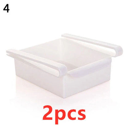 Stretchable refrigerator storage basket in white, blue, pink, and apricot colours