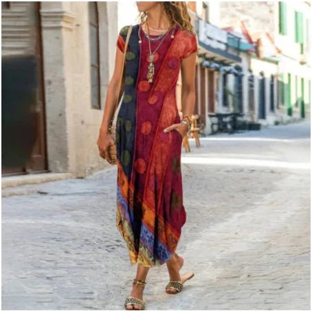 Trendy printed short sleeve dress with pocket for women, available in multiple colours