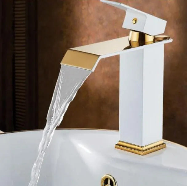 Black and white painted gold accent American style basin faucet with waterfall spout