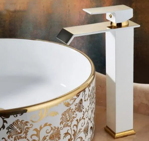 Black and white painted gold accent American style basin faucet with waterfall spout