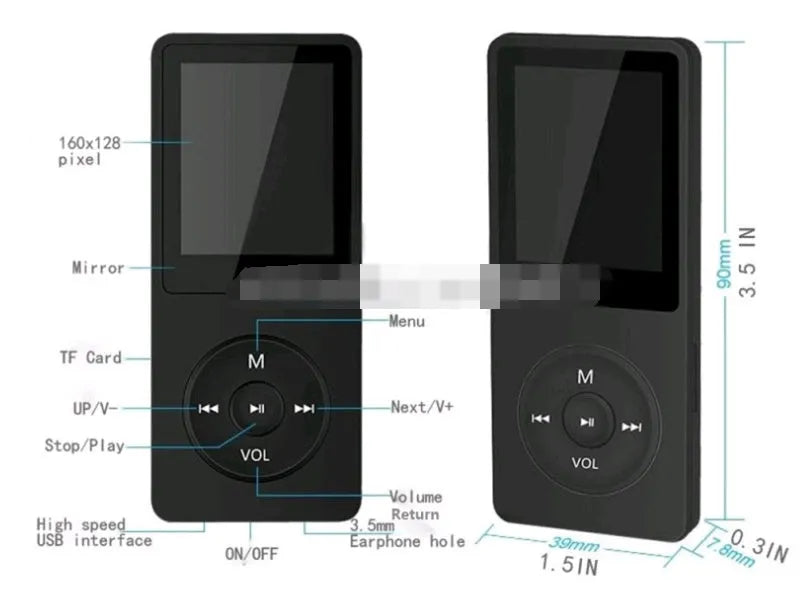 1.8 inch screen MP4 player in various colours showing display interface and compact 90mm design