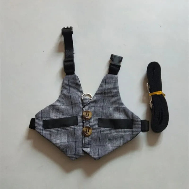 Grey cloth rabbit leash and dress set with chest strap for small pets