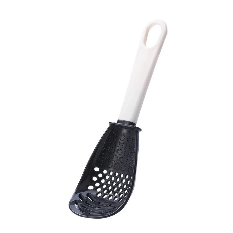 Multifunctional slotted spoon for grinding and cooking in red and black