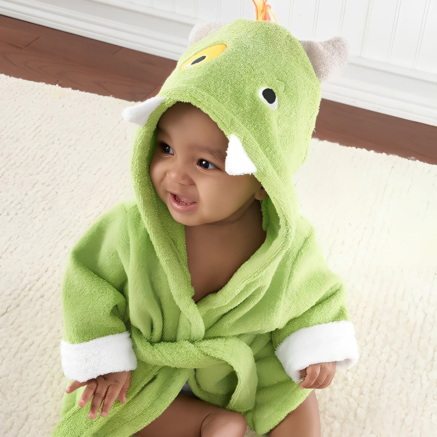 Cotton baby bathrobe with animal hood showing panda design, belt fastening, and absorbent fabric