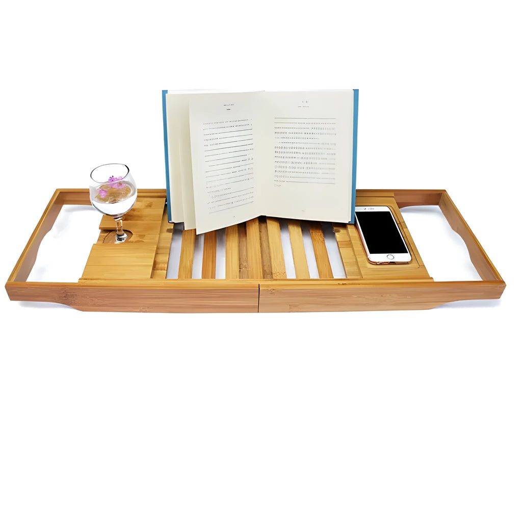Natural bamboo bathtub frame shelf for desktop bathroom storage organisation.