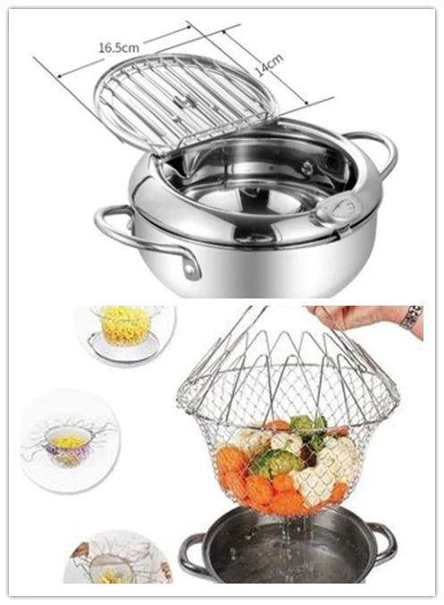 Telescopic stainless steel frying basket with removable thermometer, suitable for gas and induction cooking