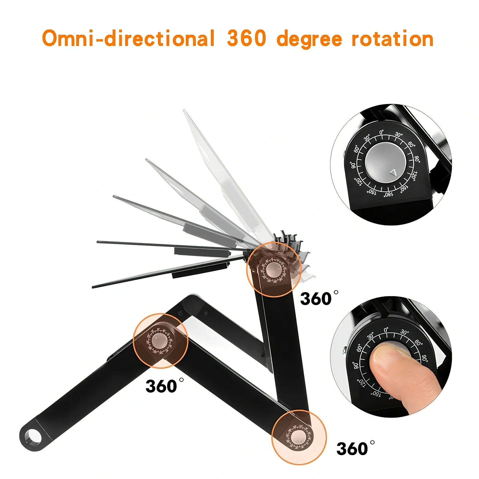 Adjustable aluminium laptop stand with cooling fan in black colour, showing height adjustment mechanism