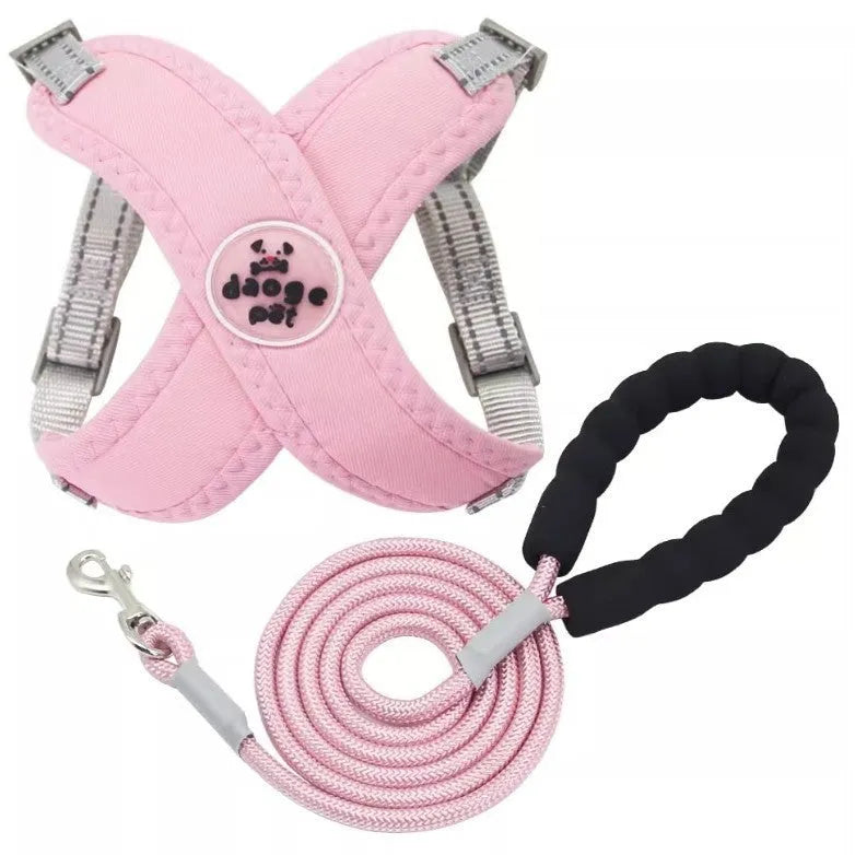 Blue polyester dog harness vest with an attached hand-holding rope on a medium-sized dog.