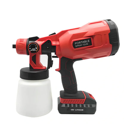 Red cordless paint sprayer gun with 800ml reservoir, 550W motor, 1.8mm nozzle for 300mm spraying distance
