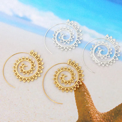 Gold spiral drop earrings with geometric design for women