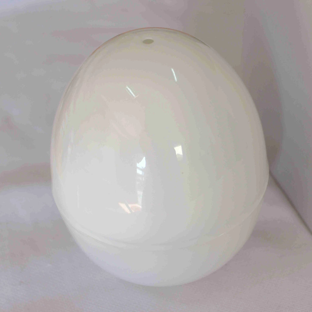 White microwave egg steamer cooker with lid, showing capacity for four eggs on a kitchen counter.